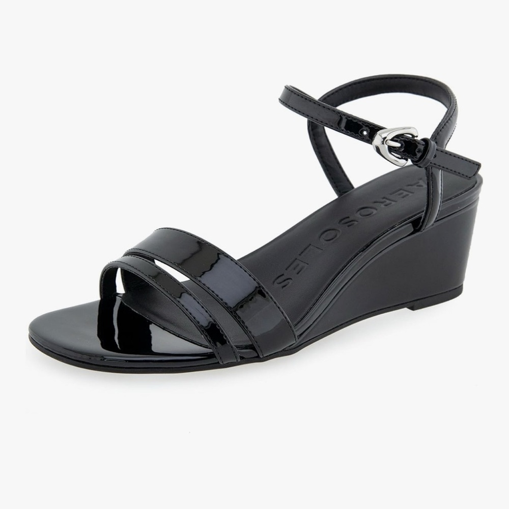 AEROSOLES Glossy Black Wedge Sandals